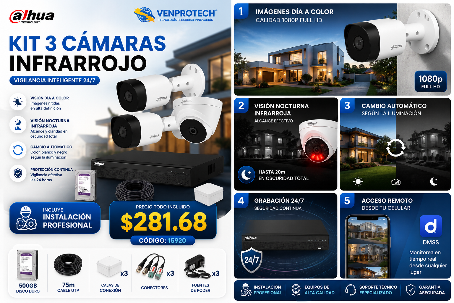 KIT DE 3 CÁMARAS DE SEGURIDAD 1080P CCTV BASICO