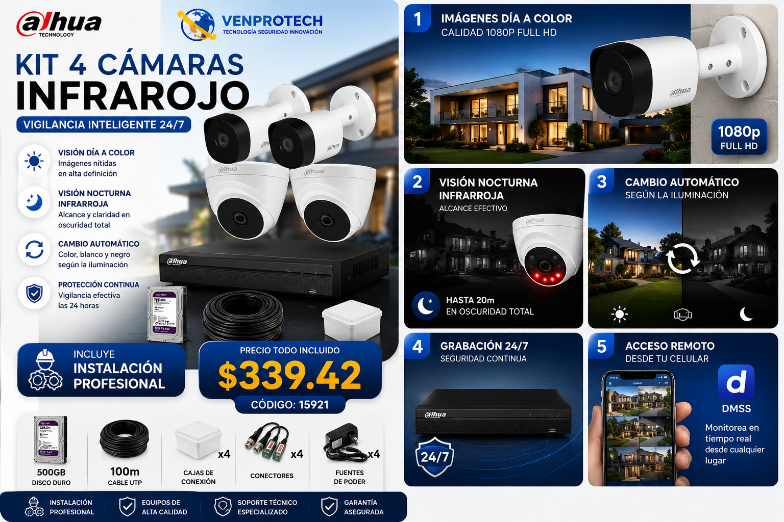 KIT DE 4 CÁMARAS DE SEGURIDAD 1080P CCTV BASICO