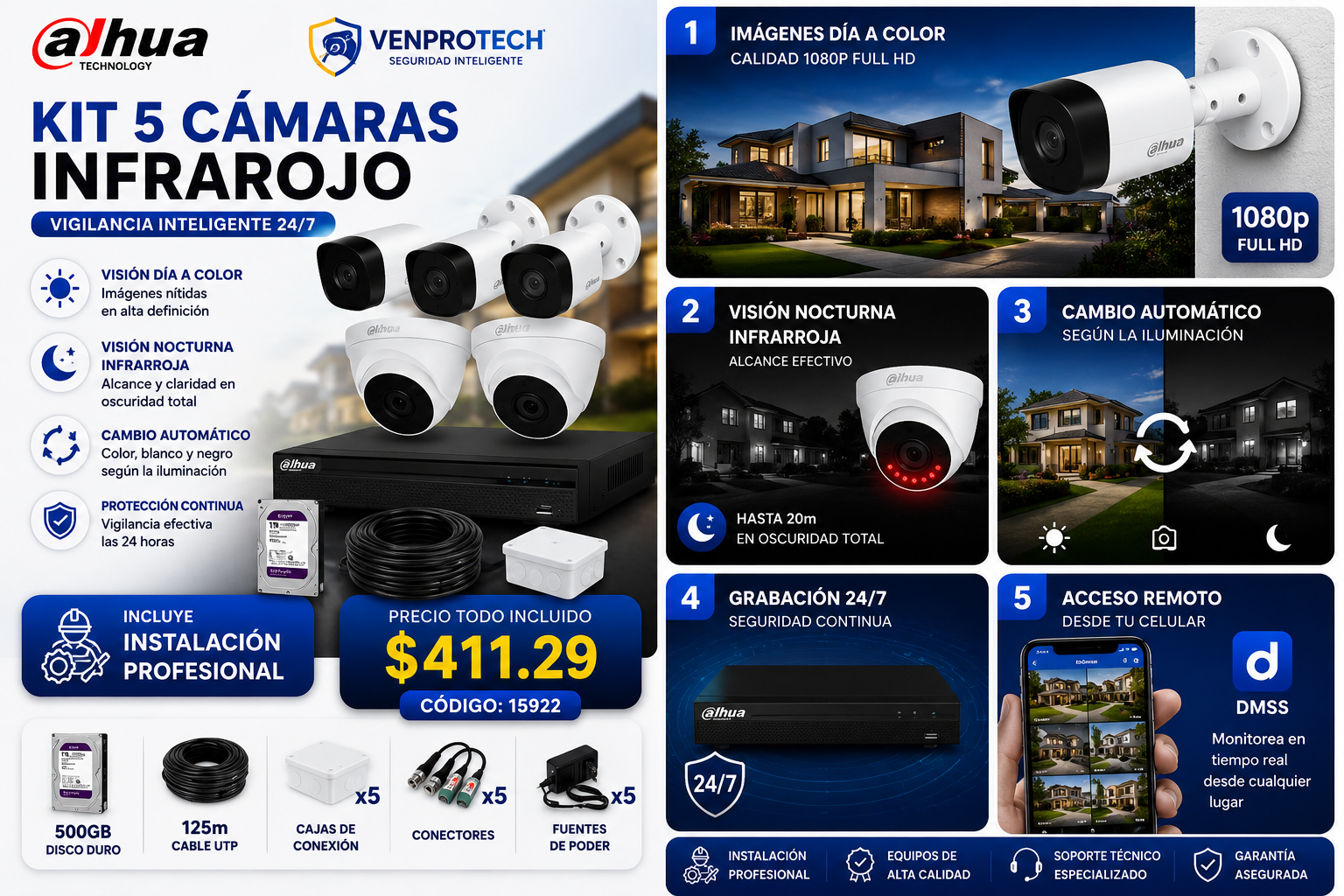 KIT DE 5 CÁMARAS DE SEGURIDAD 1080P CCTV BASICO