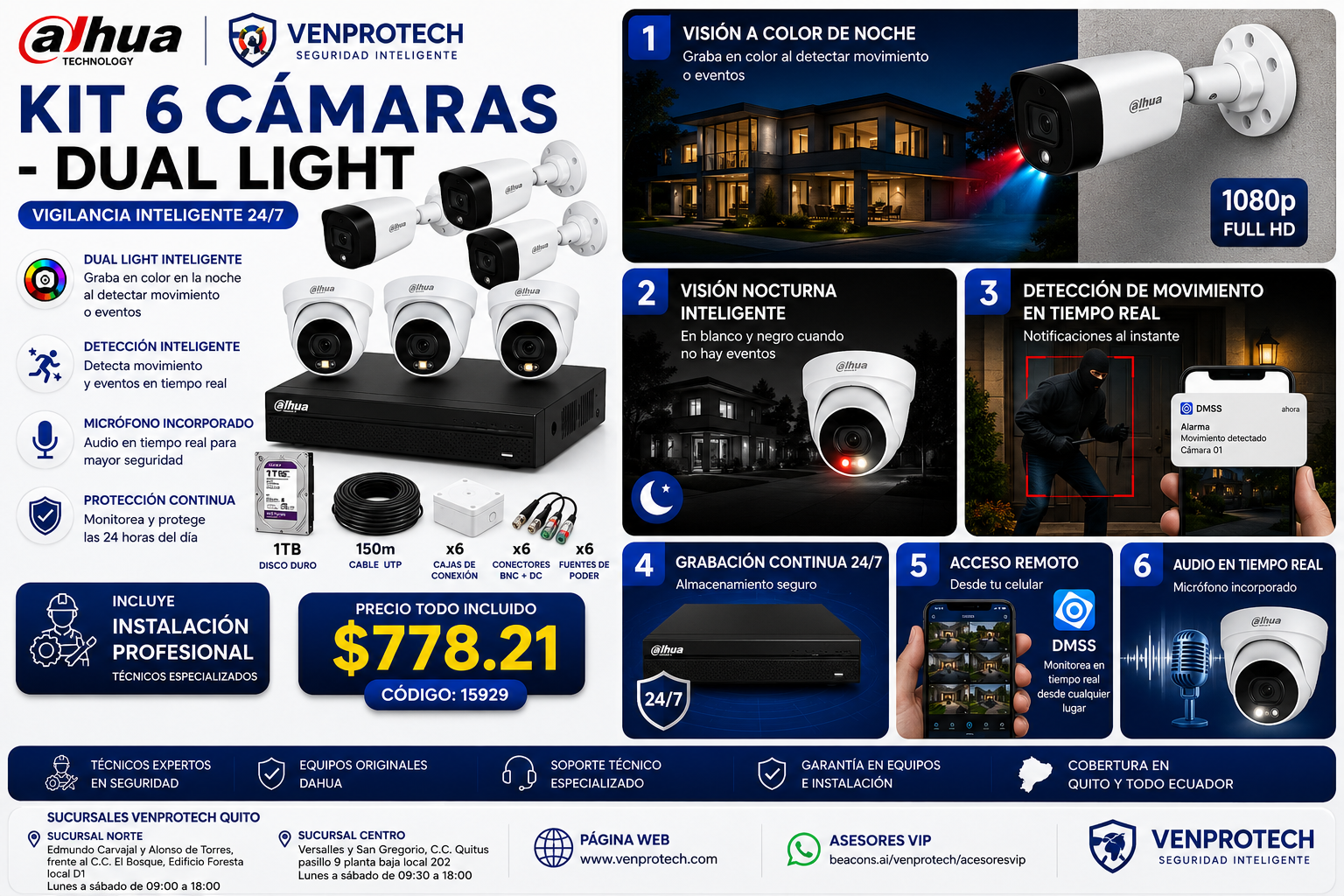 KIT DE 6 CAMARAS DUAL LIGHT 2MP / CCTV INTERMEDIO