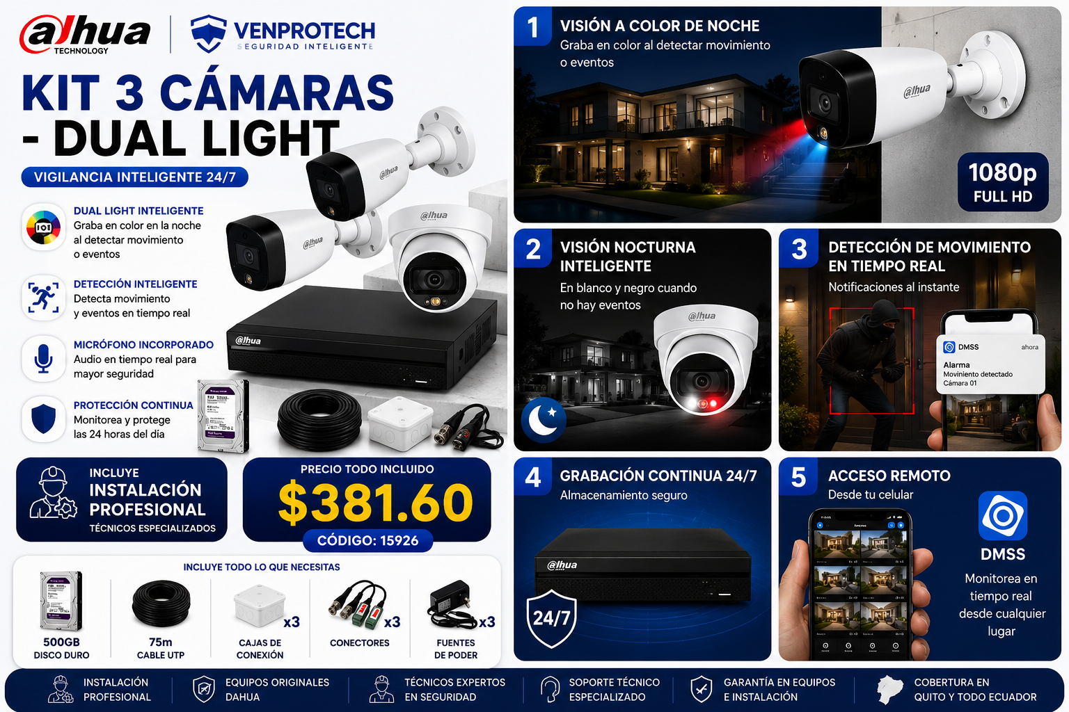 KIT DE 3 CAMARAS DUAL LIGTH 2MP CCTV INTERMEDIO