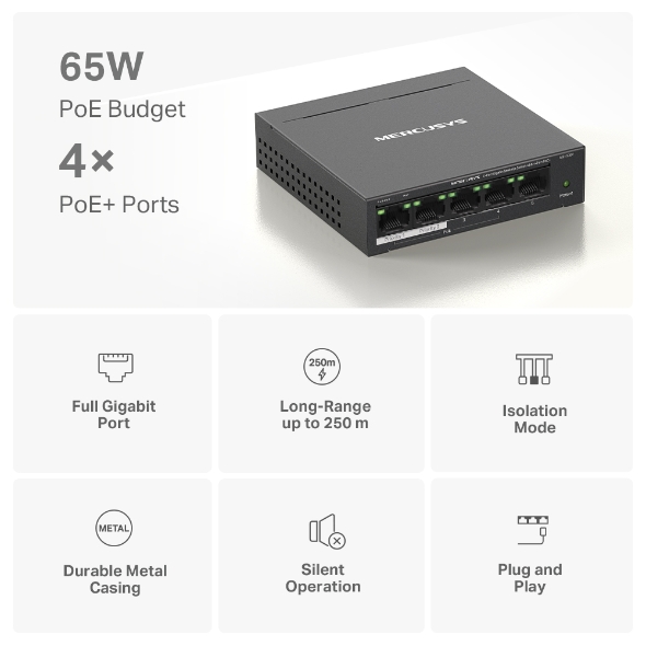 MERCUSYS Switch PoE+ Gigabit MS105GP de 5 puertos, 4 PoE+ y 65 W - Imagen 2
