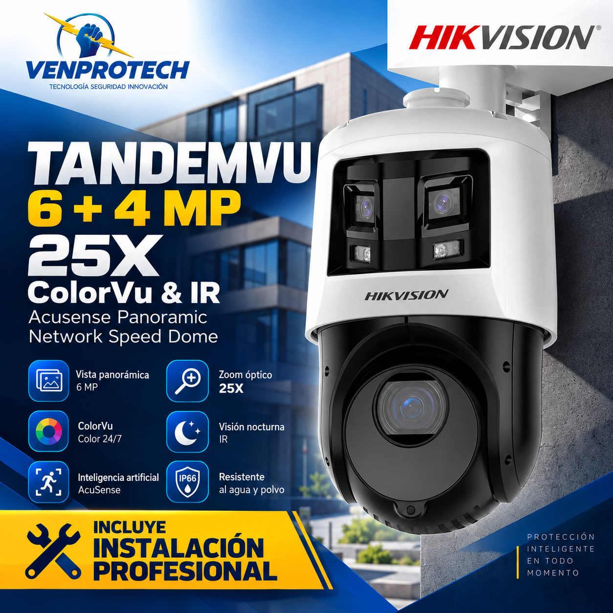 Instalación de camara PTZ TandemVu DS-2SE4C425MWG-E/26(F0) 6+4 MP, 25X, ColorVu e IR